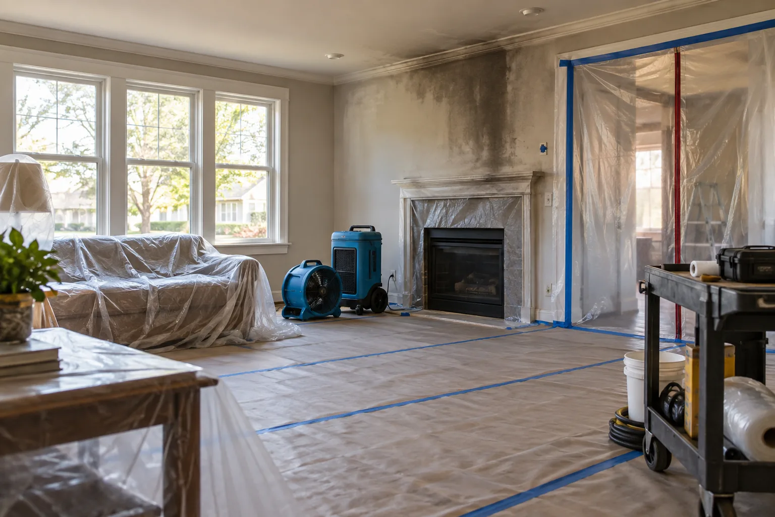 Residential room protected and prepared for repair after localized smoke damage