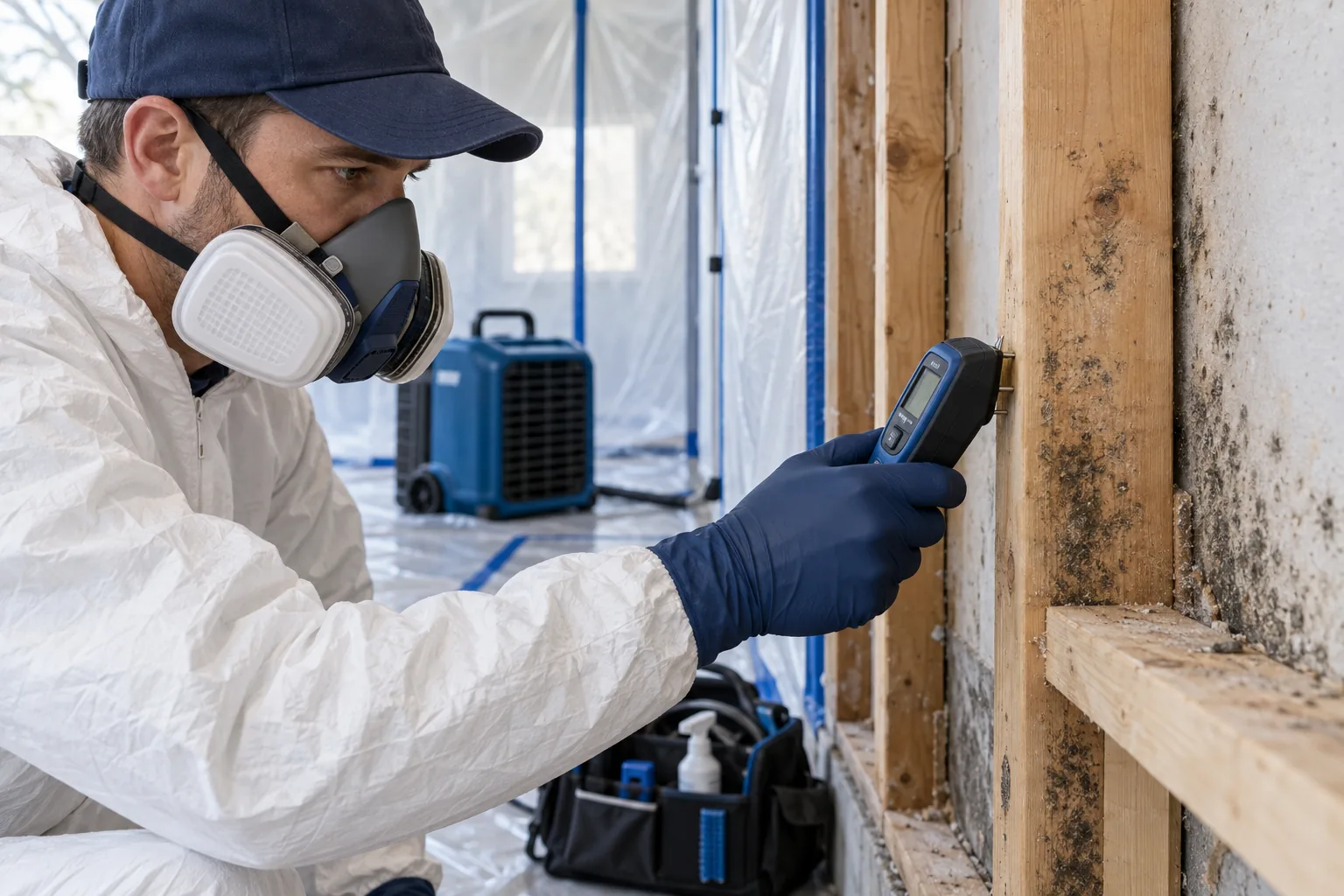 Technician checking moisture in exposed wall framing during mold remediation
