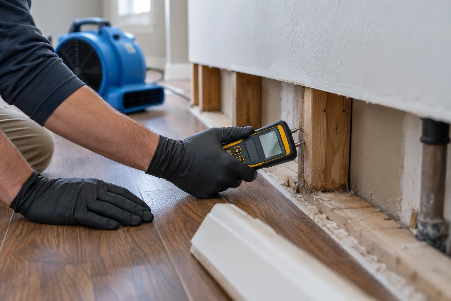 Technician checking exposed wall framing with a moisture meter